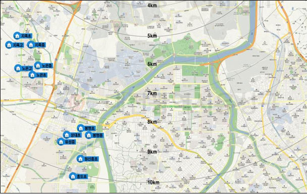 구호소현황을 지도에 표시한 이미지 입니다.