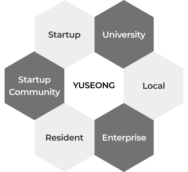 육각형 맵 형태로 YUSEONG를 중심으로 오른쪽으로 University, Local, Enterprise, Resident, Startup Community, Startup
