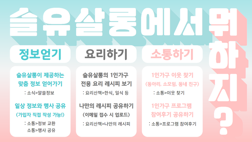 슬유살롱 이용 가이드입니다.

슬유살롱이 제공하는 맞춤 정보 얻어가기 : 소식>알쓸정보
일상 정보와 행사 공유 : 소통>정보 교환, 행사 공유

슬유살롱의 1인가구 전용 요리 레시피 보기 : 요리산책>한식, 일식 등
나만의 레시피 공유하기 : 요리산책>나만의 레시피

1인가구 이웃 찾기 : 소통>이웃 찾기
유성구 1인가구 프로그램 참여후기 공유하기 : 소통>프로그램 참여후기