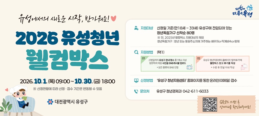 2026년 유성청년 웰컴박스 지원 사업 안내문
1. 신청기간 : 2026. 10. 1. (목) 09:00 ~ 2026. 10. 30. (금) 18:00   
    * 신청현황에 따라 종료기간은 변동될 수 있음
2. 선정인원 : 80명 (선착순)  *단 25년도 웰컴박스 지원대상자 제외
3. 지원대상 : 신청일 기준 유성구에 전입되어 있는 만 18세~39세 청년독립가구* 중 아래 택 1 하여 신청
*청년독립가구란? 청년 또는 동일주소지에 거주하는 배우자 or 직계비속 or 형제(즉! 부모님과 같이 살지않는 청년이 대상!)
① 유성구 관내 명소 중 1개소 이상 방문하여 해당 사진을 SNS 게시물 업로드한 자(#해시태크 유성청년웰컴박스)
- 모든 종류 SNS 가능(비공개 계정 가능가능, 풍경사진 완전 가능)
② 웰컴박스 수령 후 유성구청년지원센터 홈페이지 '참여후기'에 후기 작성하기로 한 자(청년소통>참여후기)
- 수령 후 한 달 이내 꼭 작성 / 제목명 : 유성청년 웰컴박스 수령 후기(이름)
4. 신청방법 : 유성구청년지원센터홈페이지 접속 후 담당자 이메일로 신청서 제출
(https://www.yuseong.go.kr/prog/youthPrgrm/ysyouth/sub02_01_02/list.do?)
5. 문의
- 유성구 청년경제과 : 042-611-6033