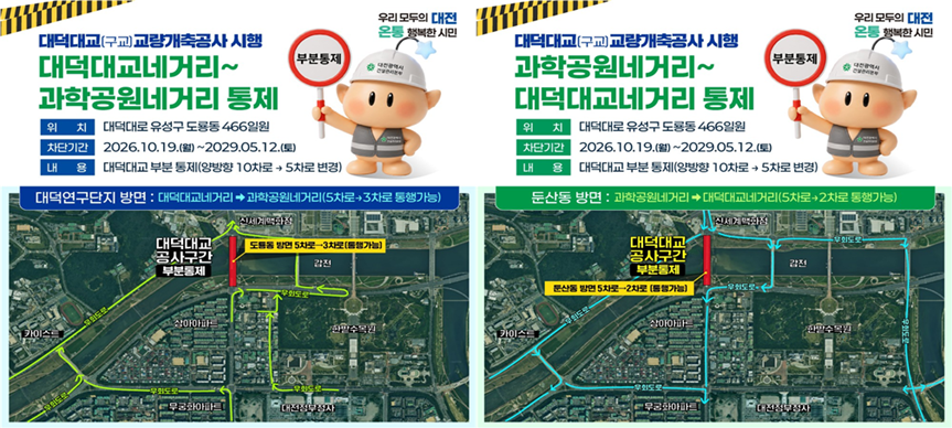 10월 19일부터 대덕대교 일부 구간 교통통제 안내
 * 대전 도시철도 2호선 트램 건설과 연계한 대덕대교 교량 개축공사로 오는 
10월 19일부터 대덕대교 일부 구간의 차량 통행이 통제됩니다.
 * 대덕대교는 준공된 지 약 45년이 지난 노후 교량으로, 시민 안전과 트램의 안정적인 운행을 위해 기존 교량을 철거하고 새 교량을 설치할 예정입니다.
 교통통제 안내
 * 통제 기간: 2026년 10월 19일 ~ 2029년 5월 12일(약 31개월)
 * 통제 구간: 대덕대교 구교 360m 구간(만년동~도룡동)
 * 차로 운영: 왕복 10차로 중 5차로 공사 구간 사용, 나머지 5차로 차량 통행 유지
 * 우회도로: 만년로, 유등로 등 주변 도로